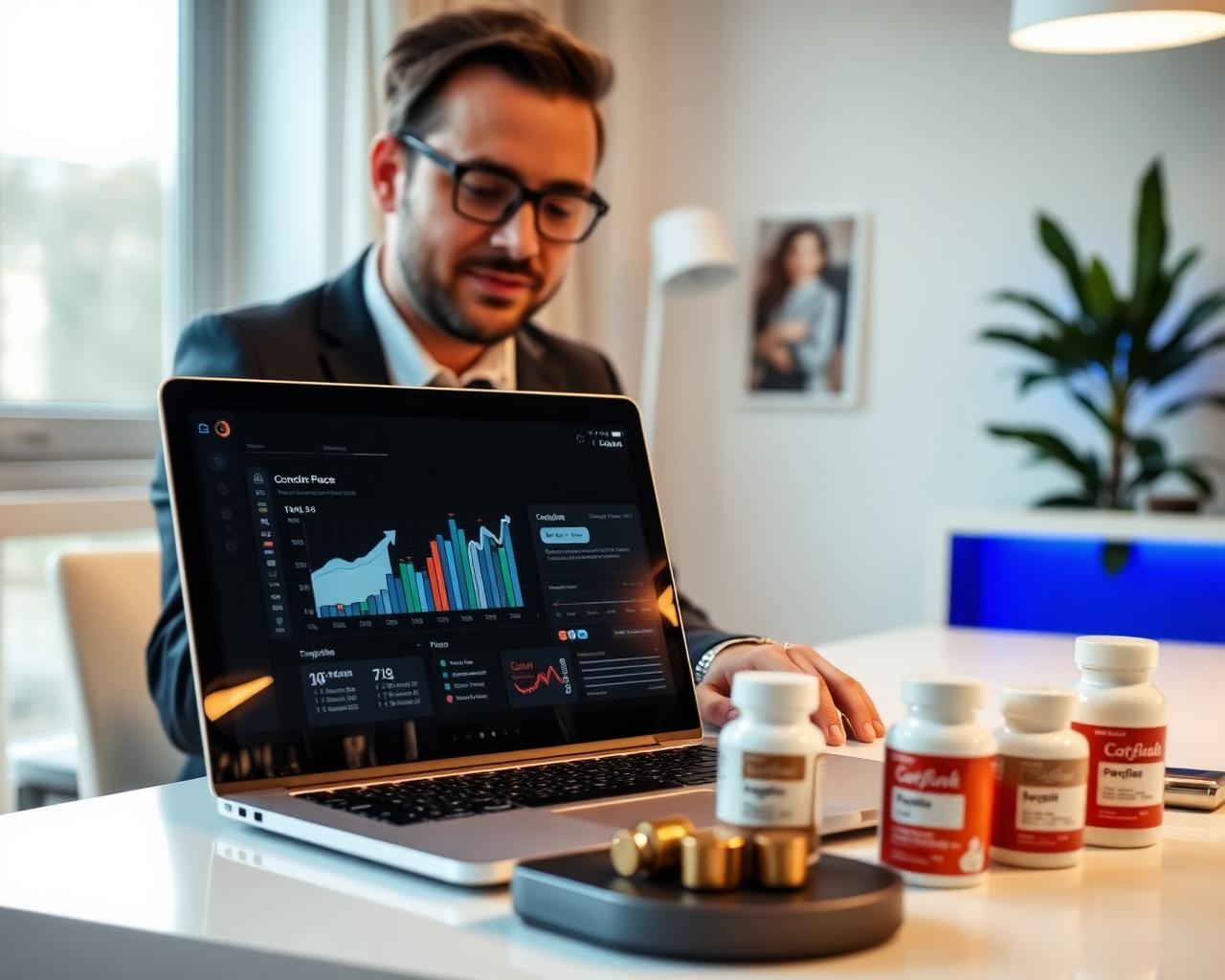 Business professional reviewing marketplace analytics next to supplement products